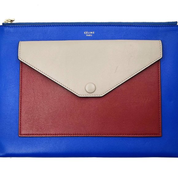 Celine Tri Color Blue Red Beige Envelope Zipped Clutch - Picture 1 of 5